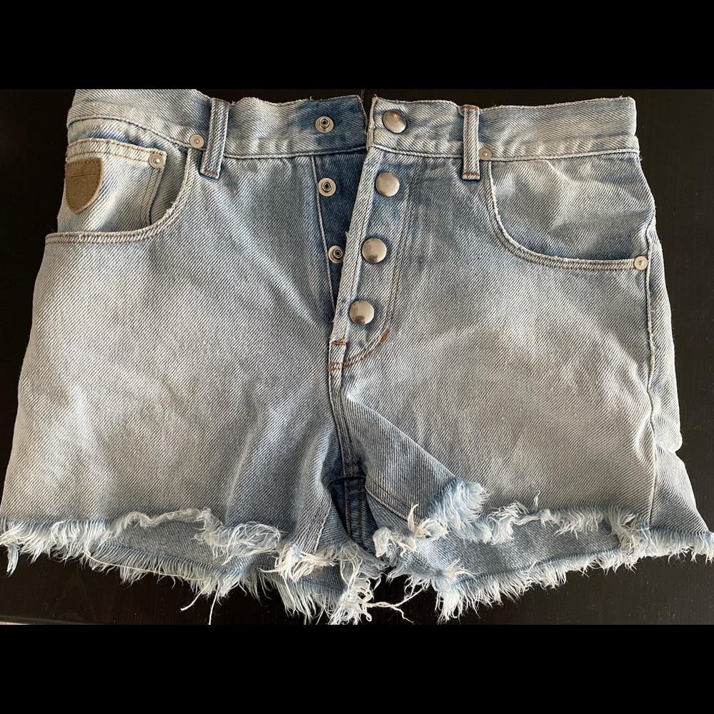 April77 high-waisted jean shorts. Light wash.
